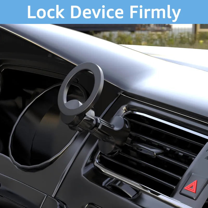 Black magnetic car air vent phone holder with O-ring clip attached to a vehicle vent