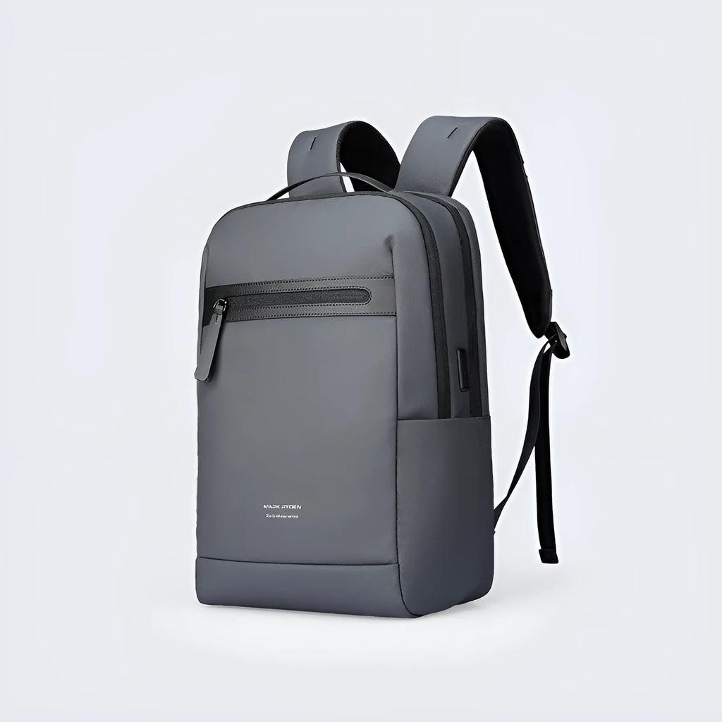 Graphite grey Oxford cloth business backpack with a USB charging port on the exterior.
