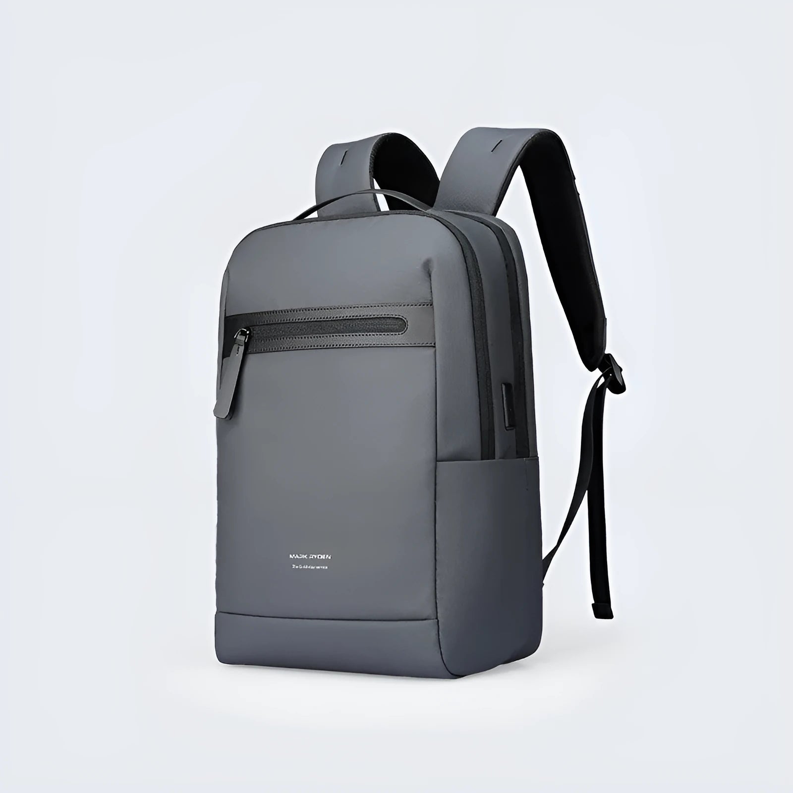 Graphite grey Oxford cloth business backpack with a USB charging port on the exterior.