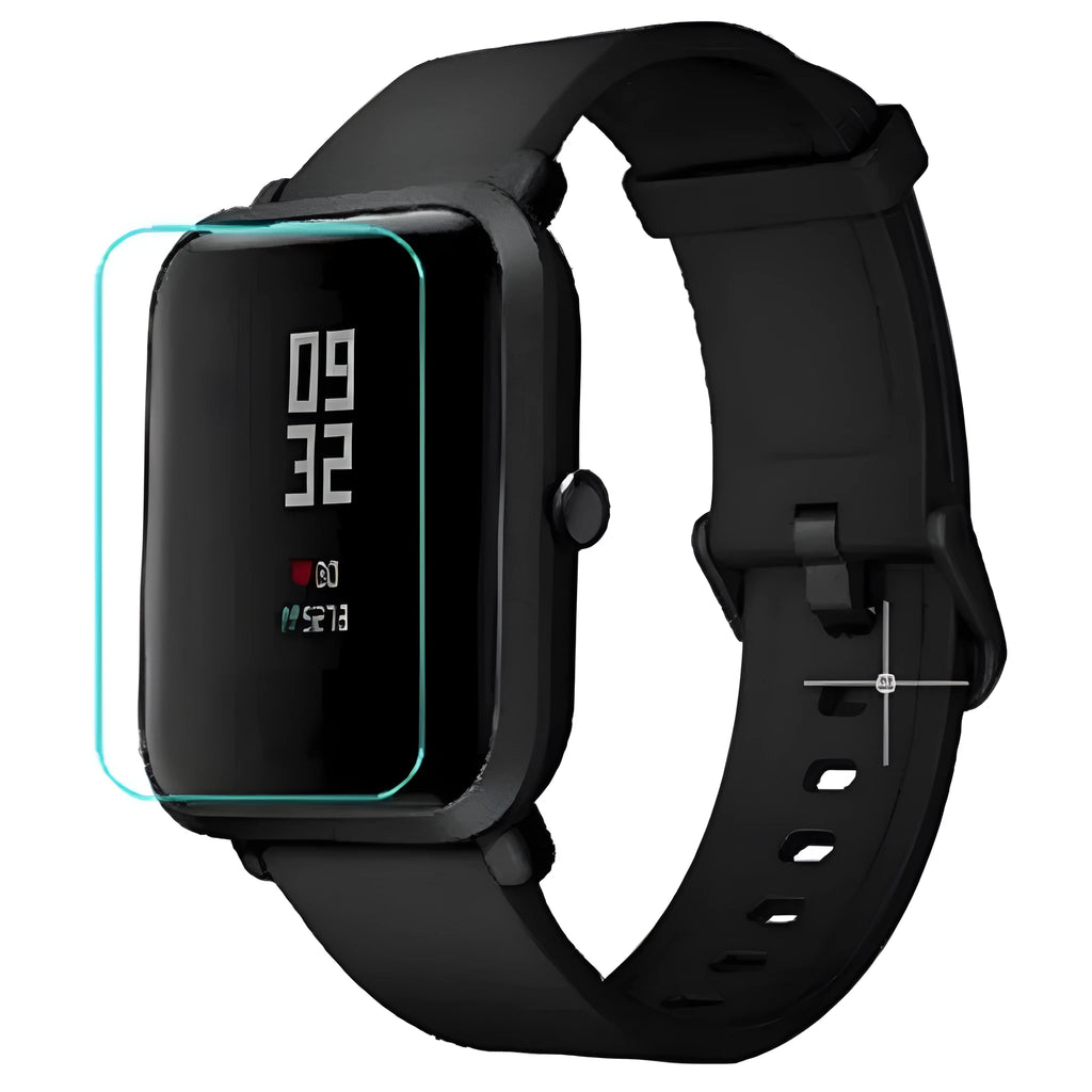 Amazfit Bip S smartwatch with clear TPU hydrogel screen protector applied.