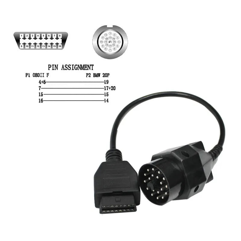 BMW OBD2 diagnostic connector cable showing 20-pin and 16-pin ends for vehicle scanner connection