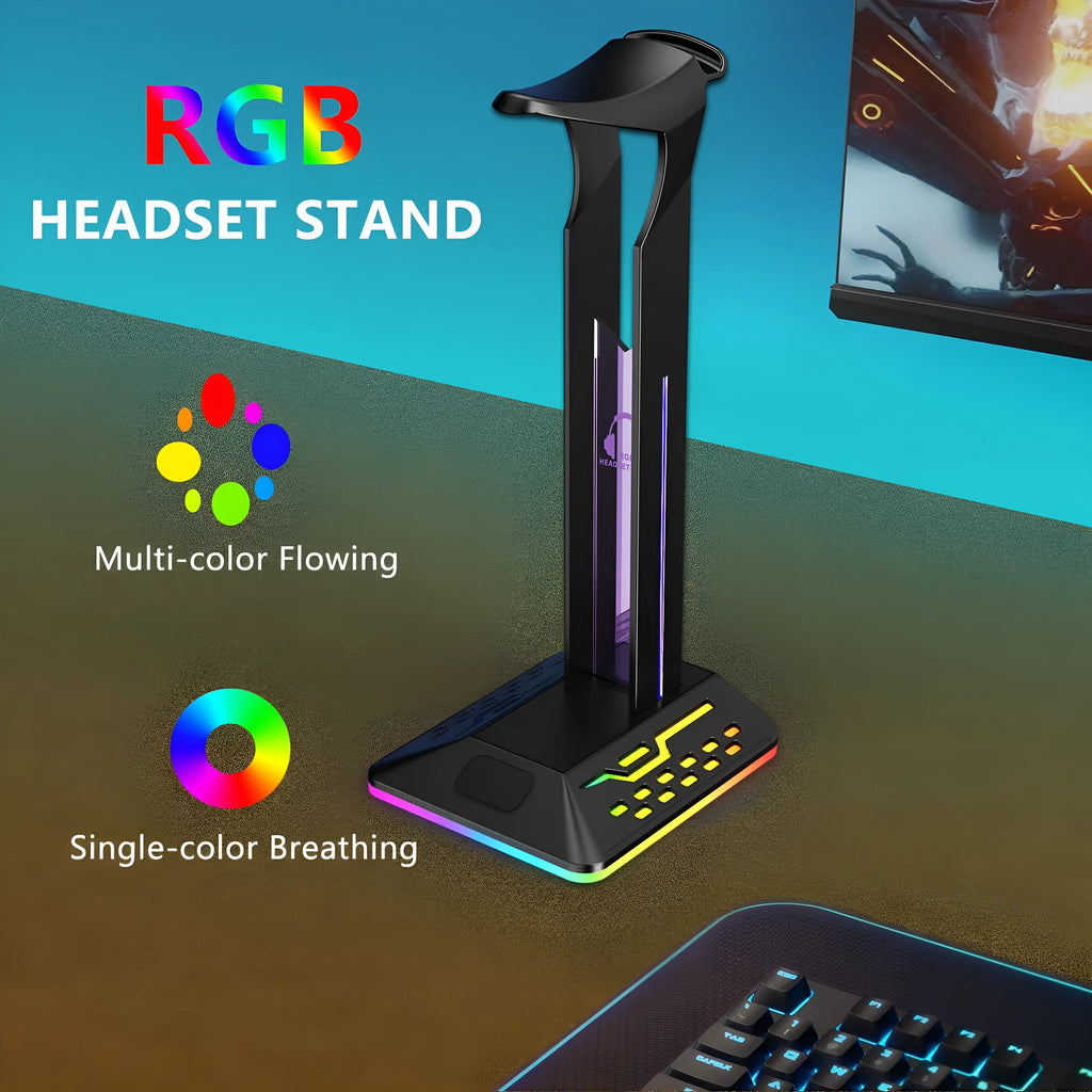 Acrylic RGB headset bracket with colour changing lights holding headphones, showing dual USB ports.