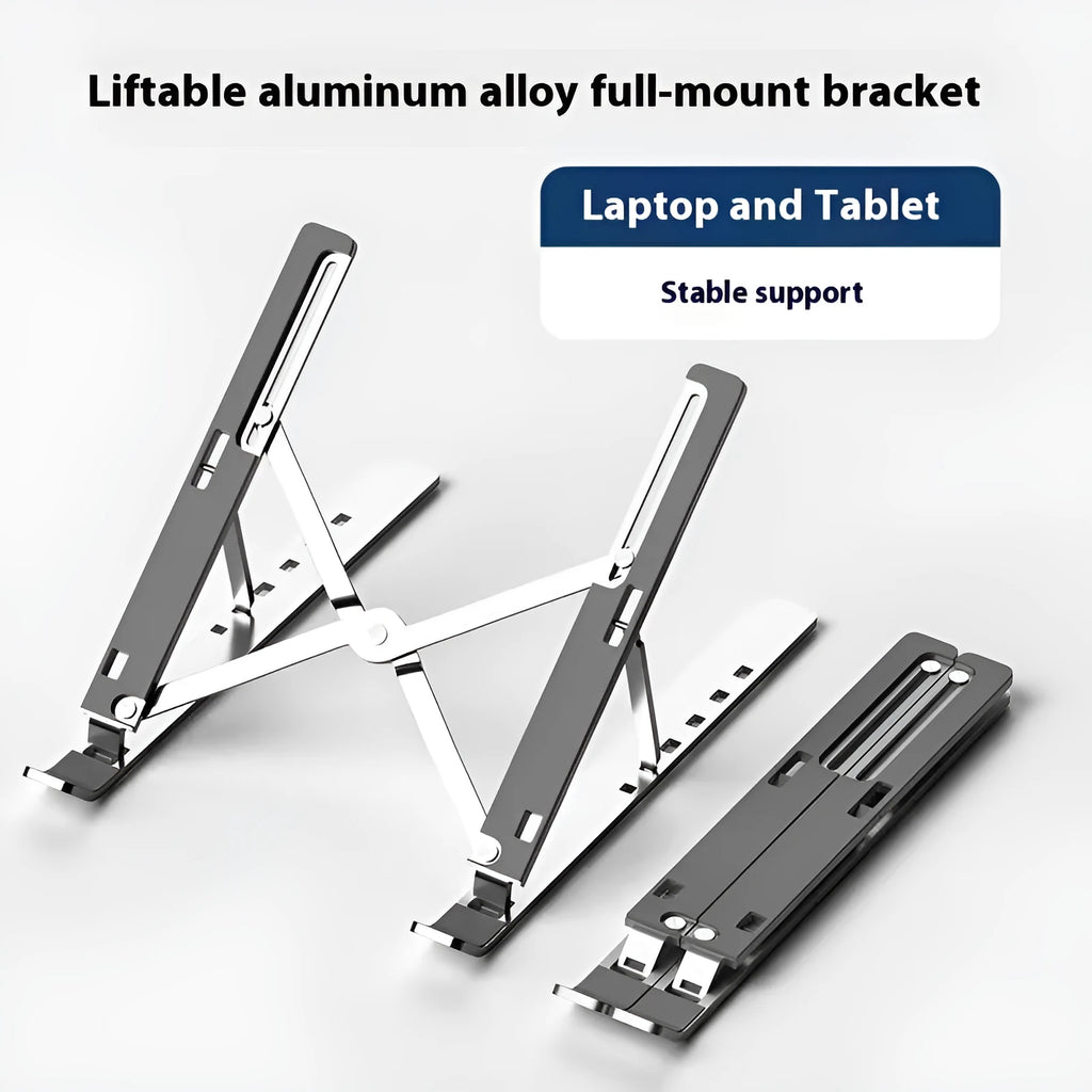 Aluminium alloy folding laptop stand in black, shown elevated with a laptop for improved cooling and ergonomics.