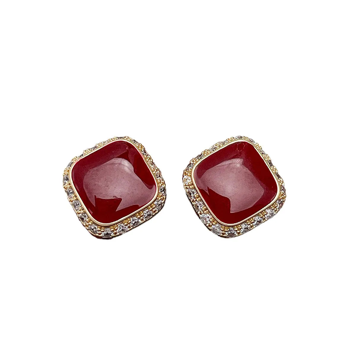 Red square alloy earrings with geometric inlaid design and sweet-cool hybrid style