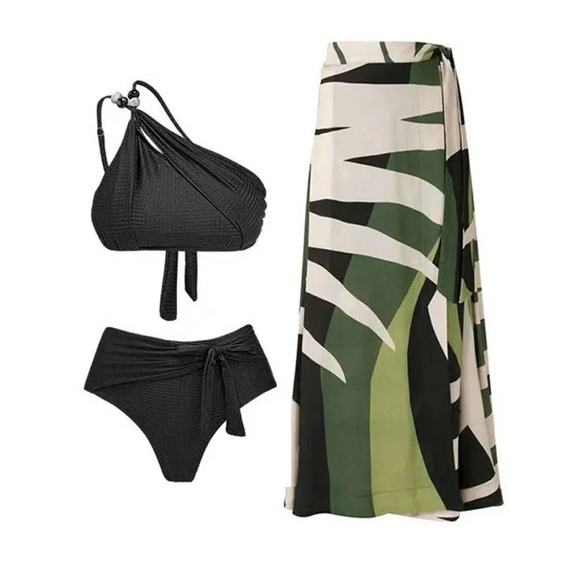 Women's push up bikini high waist split swimsuit in chiffon style with lining, shown in brown, black, and green colour options.