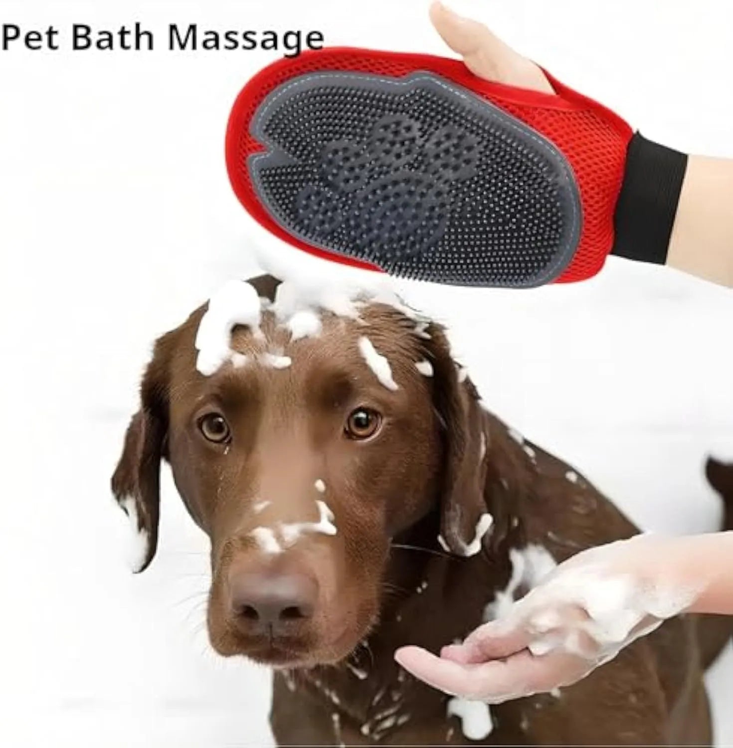 Red pet bathing glove with integrated brush bristles for washing and grooming dogs or cats