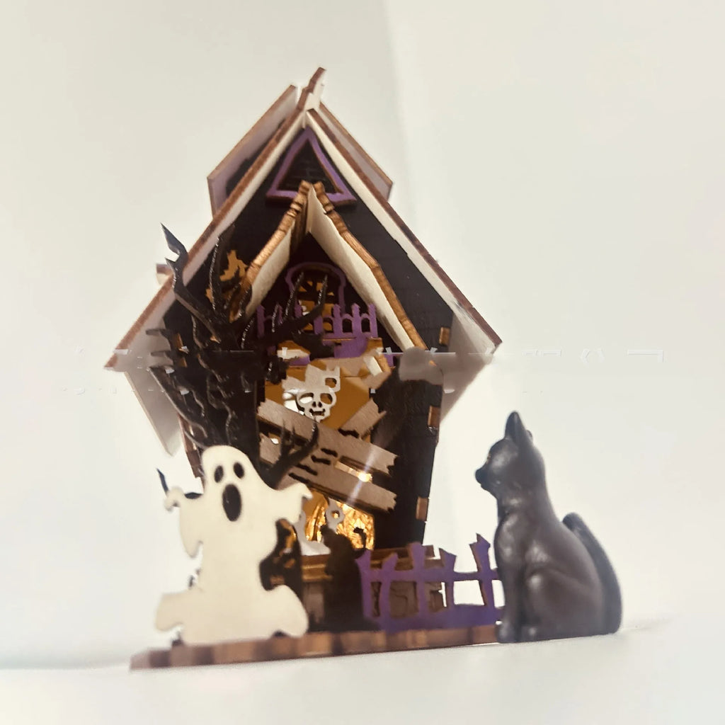 DIY wooden glowing haunted house Halloween table decoration for candles