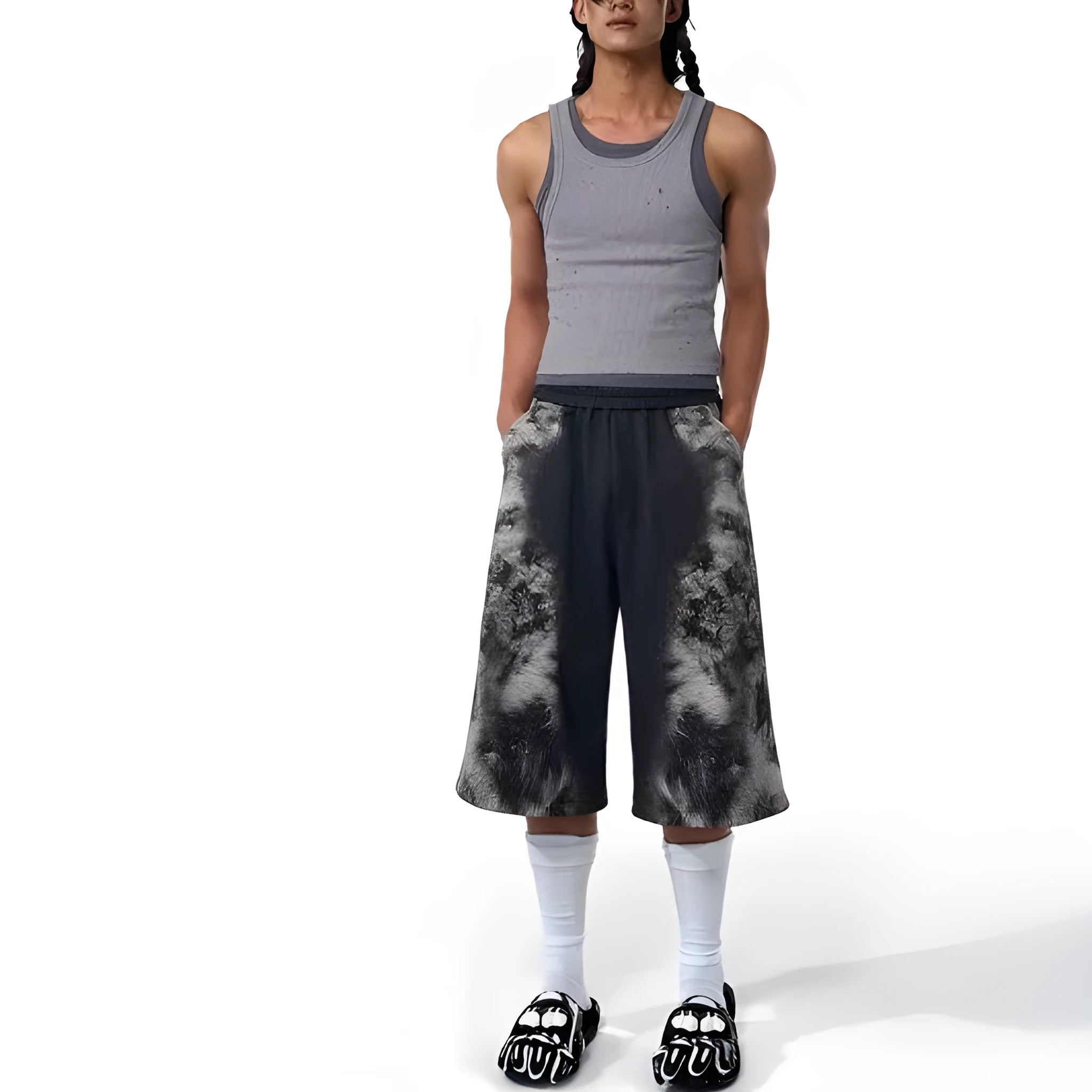 Streetwear three-piece set showing hoodie, seven-inch shorts and loose fit trousers with printed collage detail