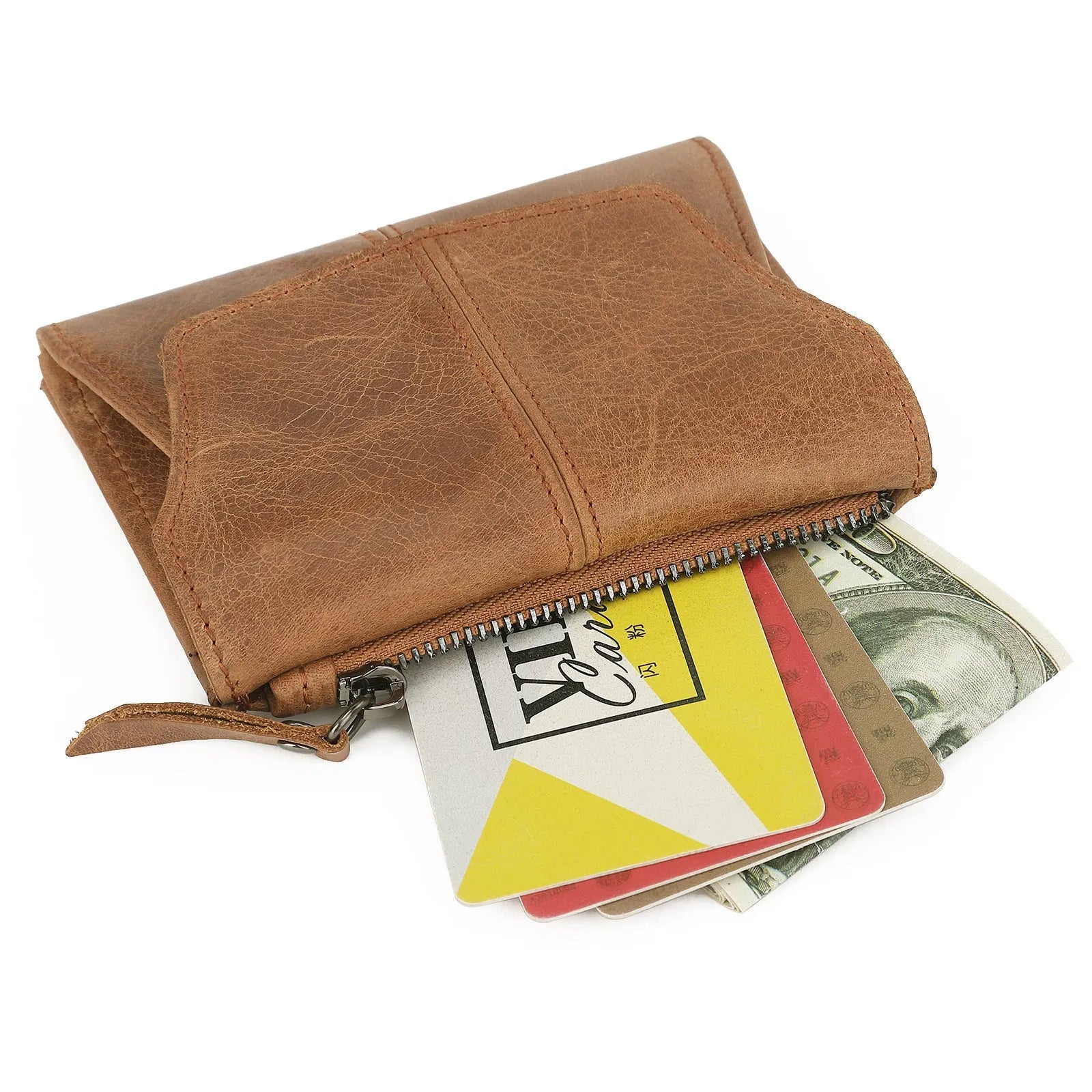 Cowhide coin purse in retro style with stitching and lock detail, showing anti-theft swiping feature