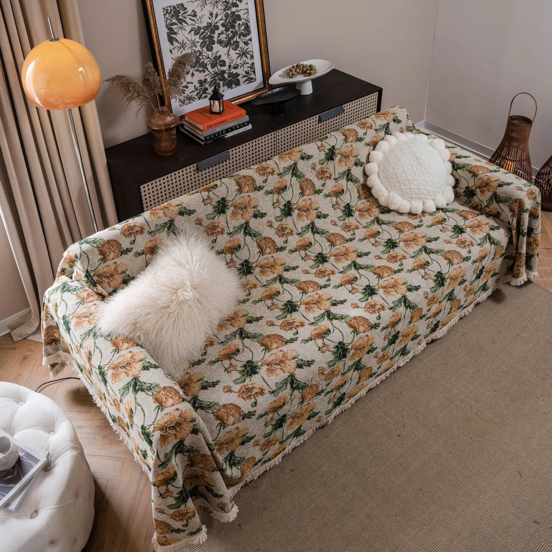 American country style jacquard sofa cover with floral pattern on polyester cotton fabric