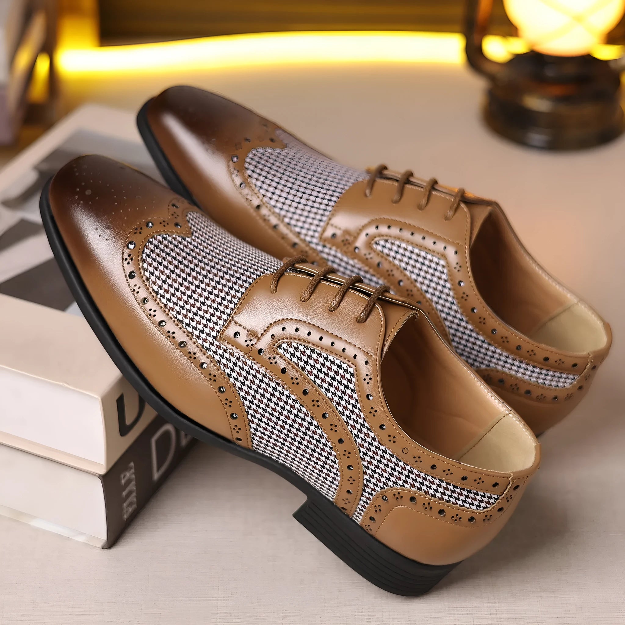 Men's black houndstooth plaid casual shoes with square toe and lace-up front on a rubber sole.