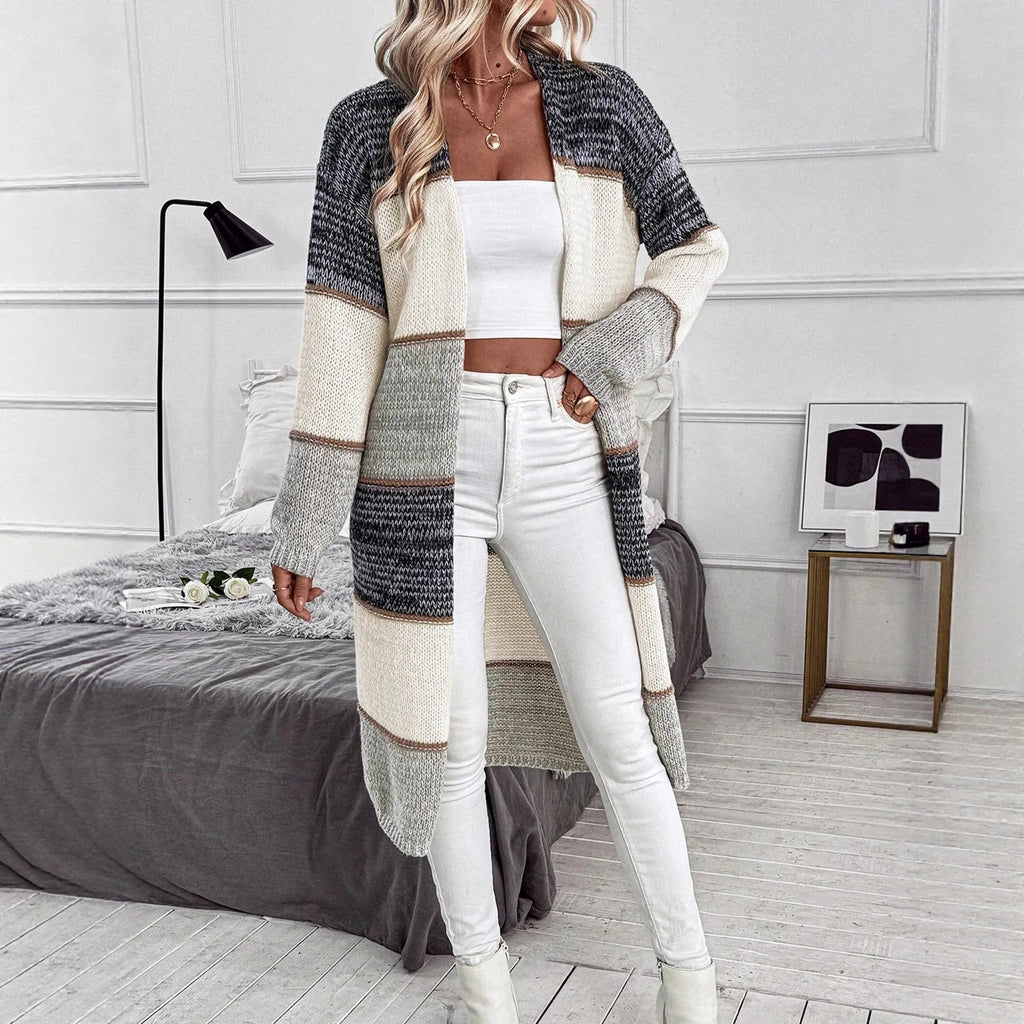 Grey striped knitted cardigan with long sleeves in loose European street fashion style