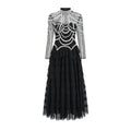 Women's black polyester dress with long sleeves and detailed beaded decoration on the bodice