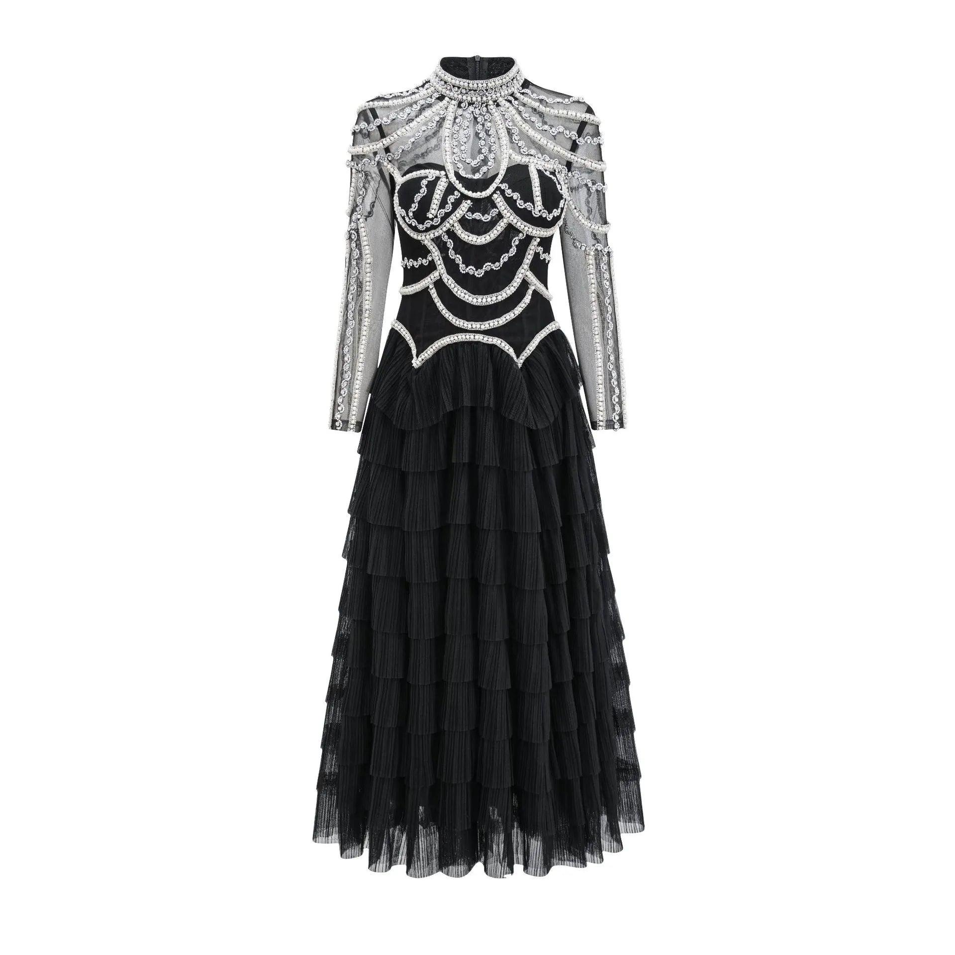 Women's black polyester dress with long sleeves and detailed beaded decoration on the bodice