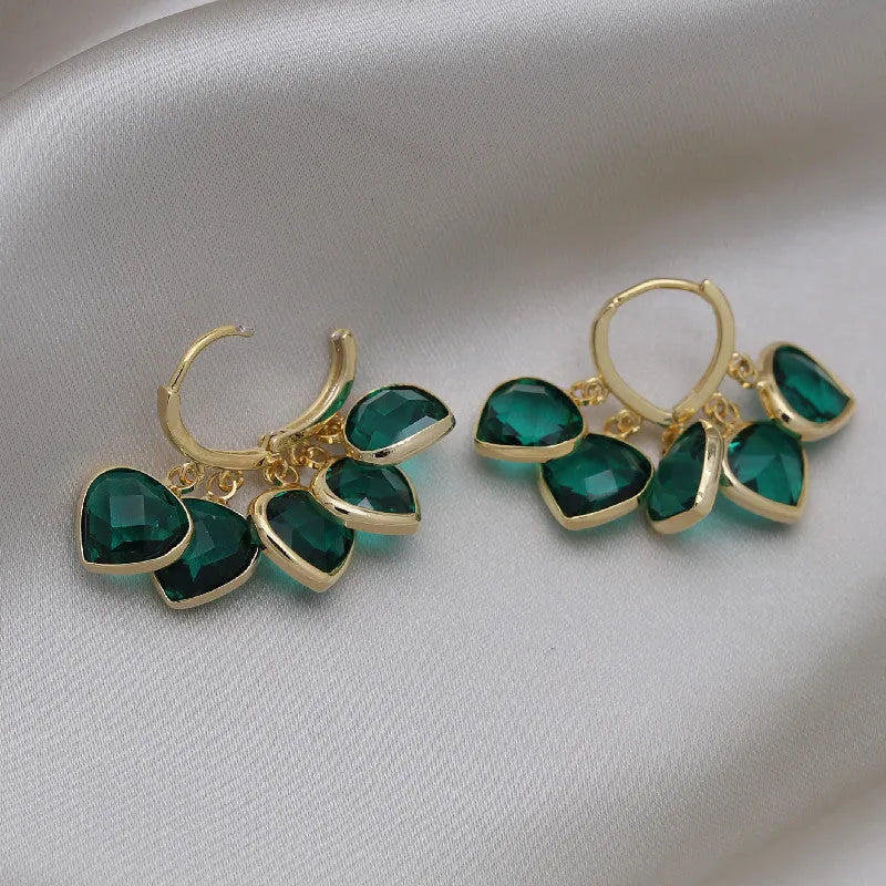 Green heart-shaped glass pendant ear clips with artificial gemstones in Korean style