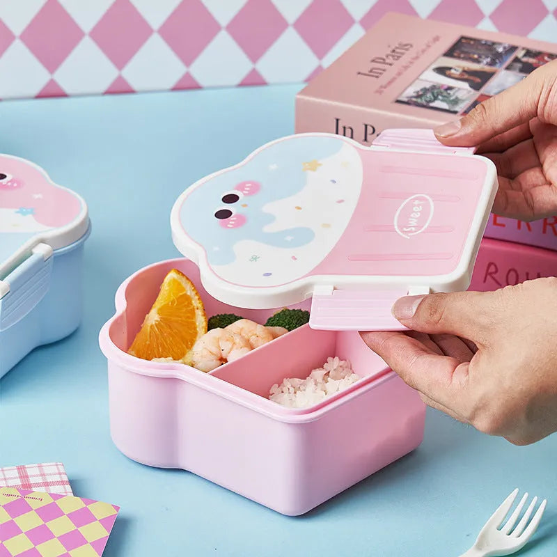 Creative ice cream shaped lunch box compartment with spoon and fork set in pink or blue