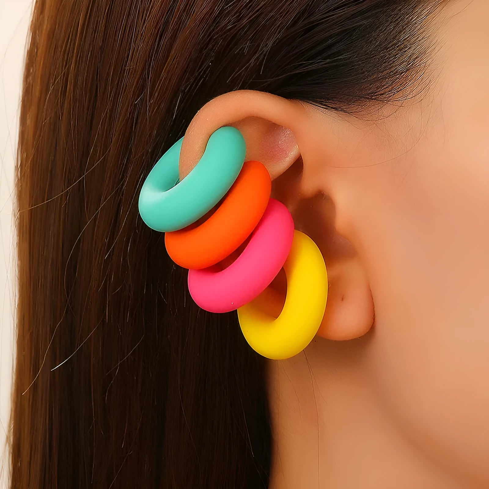 CCB material non-piercing ear clips in geometric C-shape with matte candy colours