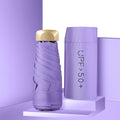 Closed five-fold mini pocket sun umbrella with a rubber handle, shown in a choice of colours.