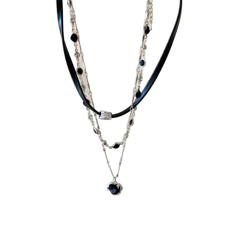 Women's multi-layer twin heart necklace with alloy pendant and artificial crystal elements on adjustable chain