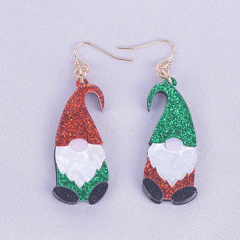 Acrylic Santa Claus character earrings with red, green, or combined hat designs
