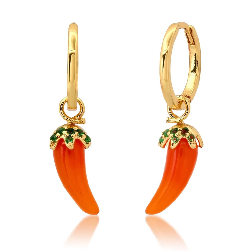 Gold plated fruit and vegetable design earrings in carrot, orange, blueberry, lemon, olive, peach, or chilli shapes.