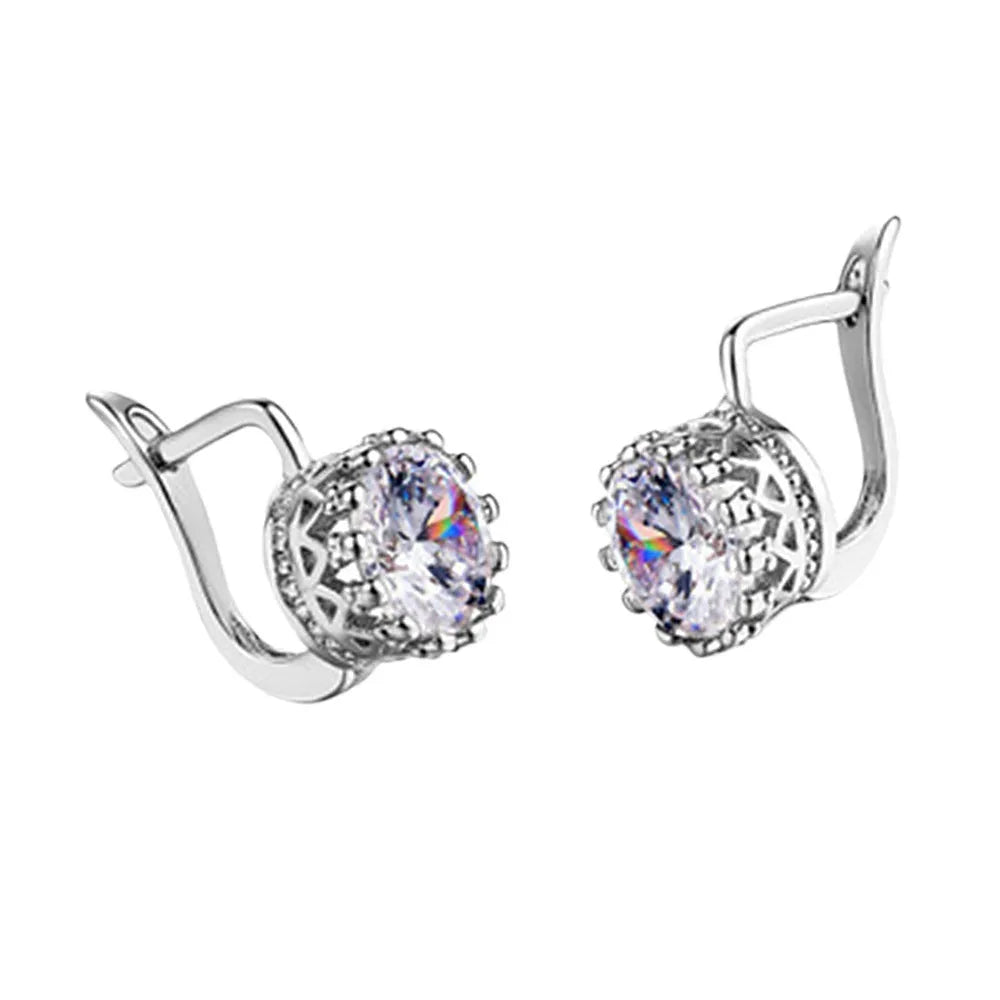 Korean retro crown ear clip earrings in rose gold or white gold finish with white diamond crystals