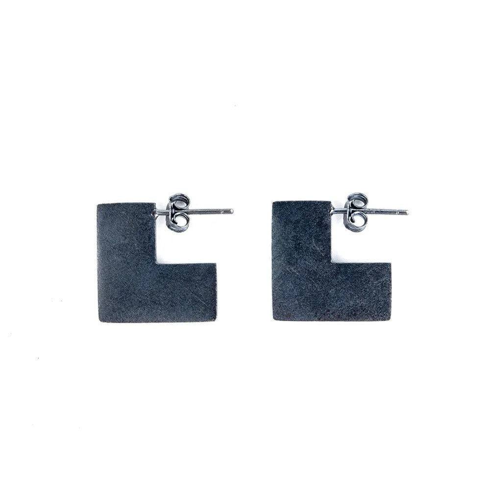 Oxidised black geometry square sterling silver earrings showing minimalist design and 16mm size