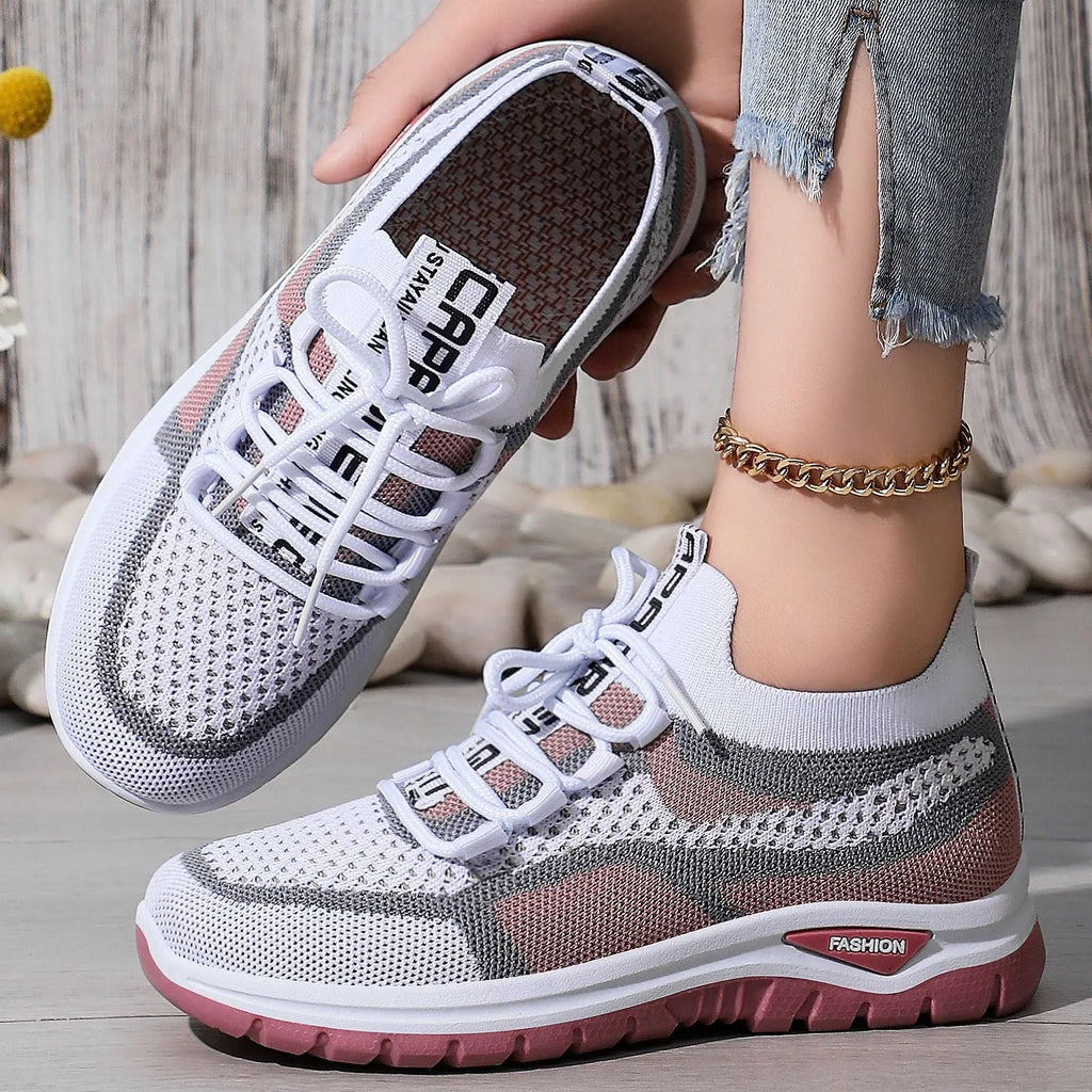 Women's woven mesh low-cut casual shoes in brick red with front lace-up and round toe