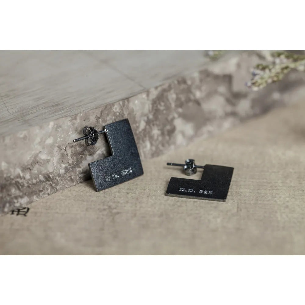 Oxidised black geometry square sterling silver earrings showing minimalist design and 16mm size
