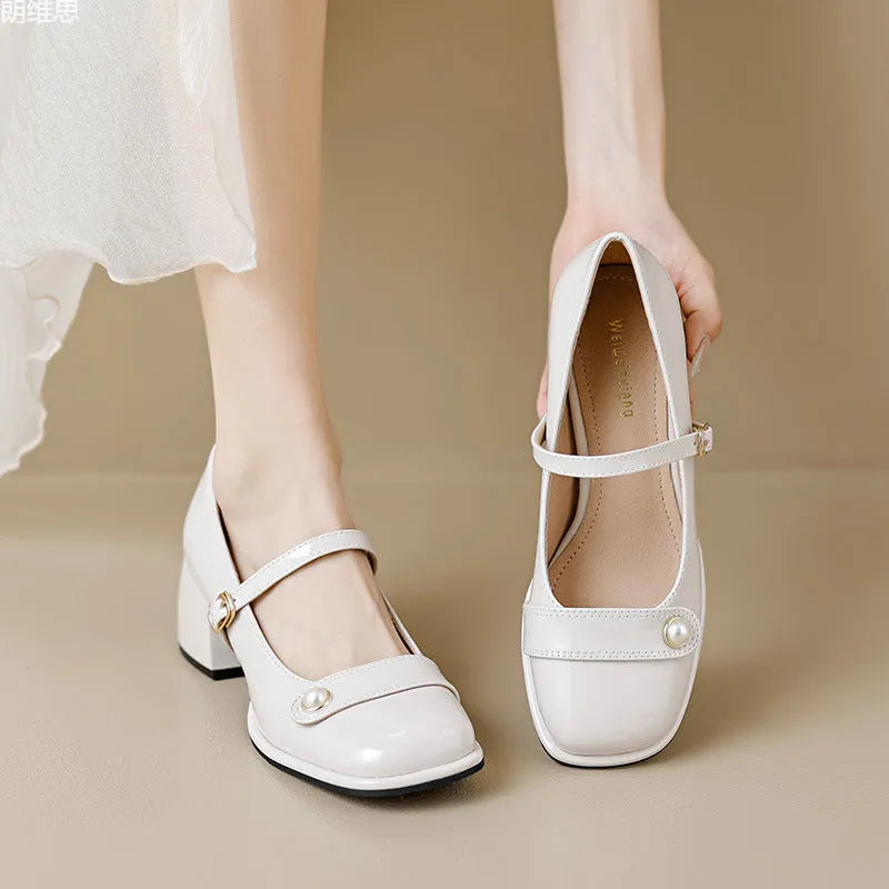 French style patent leather hiking pumps with chunky square-toe heel and buckle fastening in three colour options