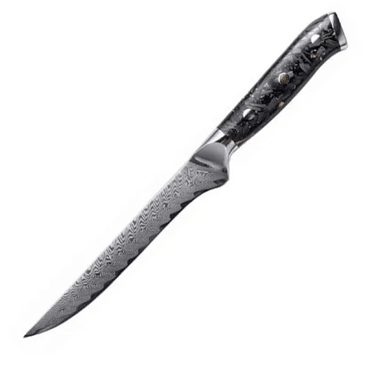 Eight-piece Damascus steel kitchen knife set with fishbone pattern, showing chef, utility, boning, steak, and fruit knives.