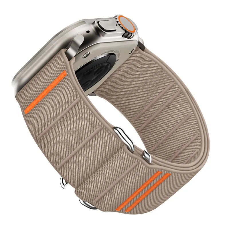 Elastic nylon Apple Watch band with stainless steel buckle shown in multiple colour options.