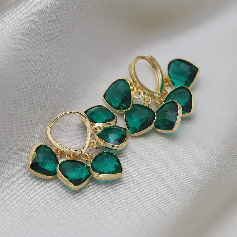 Green heart-shaped glass pendant ear clips with artificial gemstones in Korean style