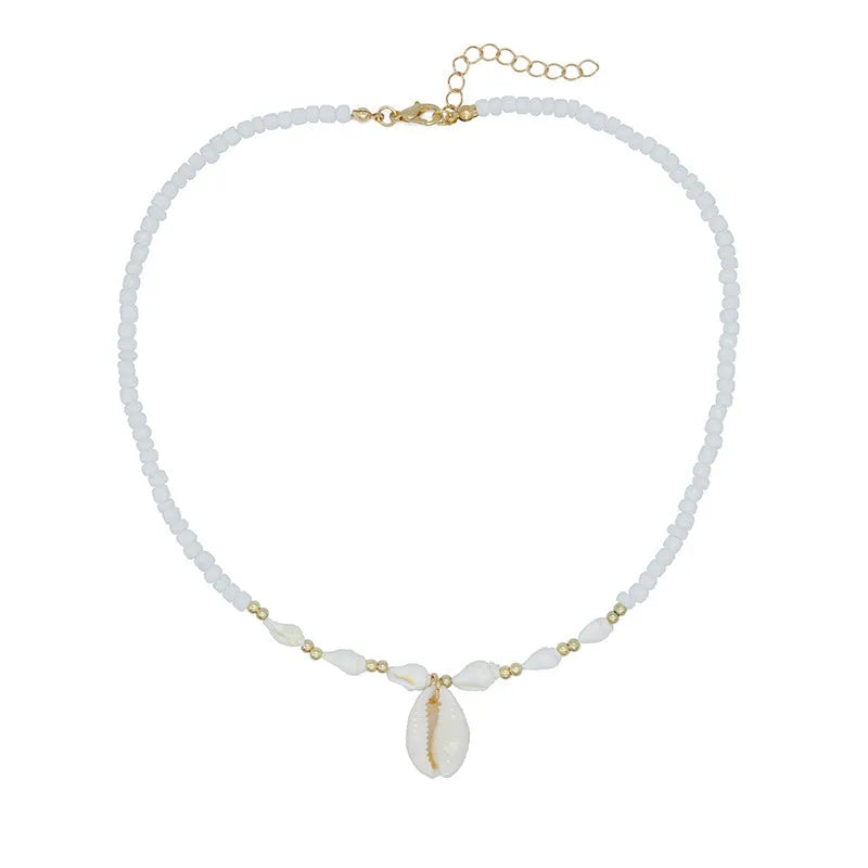 White conch shell bead necklace with mother of pearl pendant on regular chain