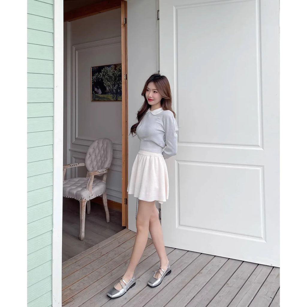 Women's silver genuine sheepskin leather Mary Jane pumps with cross buckle strap and low flat heel