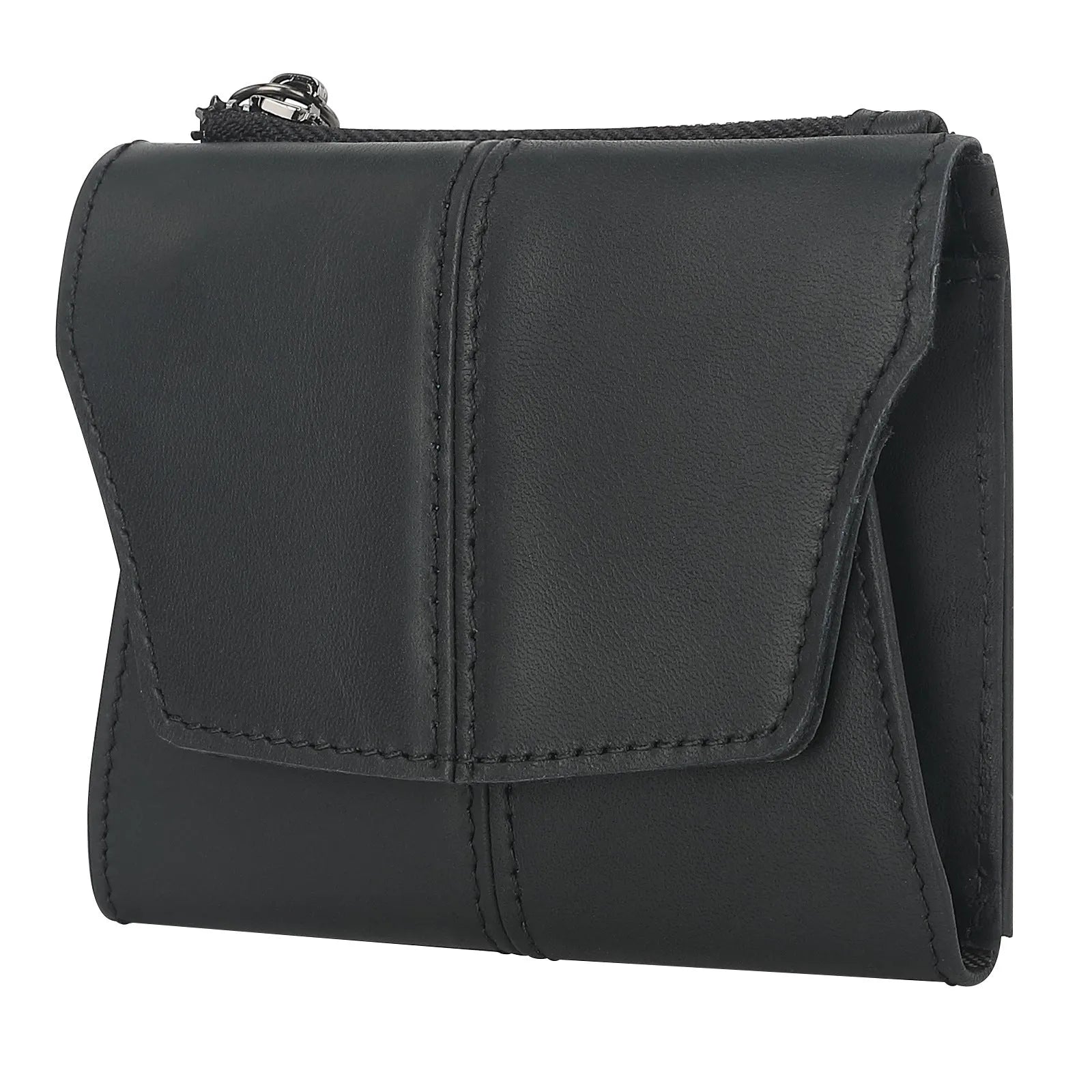 Cowhide coin purse in retro style with stitching and lock detail, showing anti-theft swiping feature