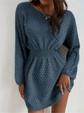 Blue polyester knitted dress with hand-crocheted flowers, fitted waist, and long sleeves