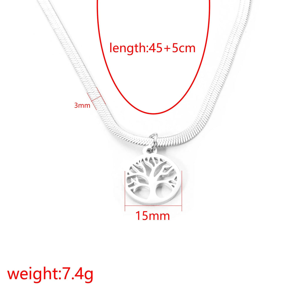 Stainless steel lucky tree necklace on snake bones chain, shown in gold and steel colour finishes.