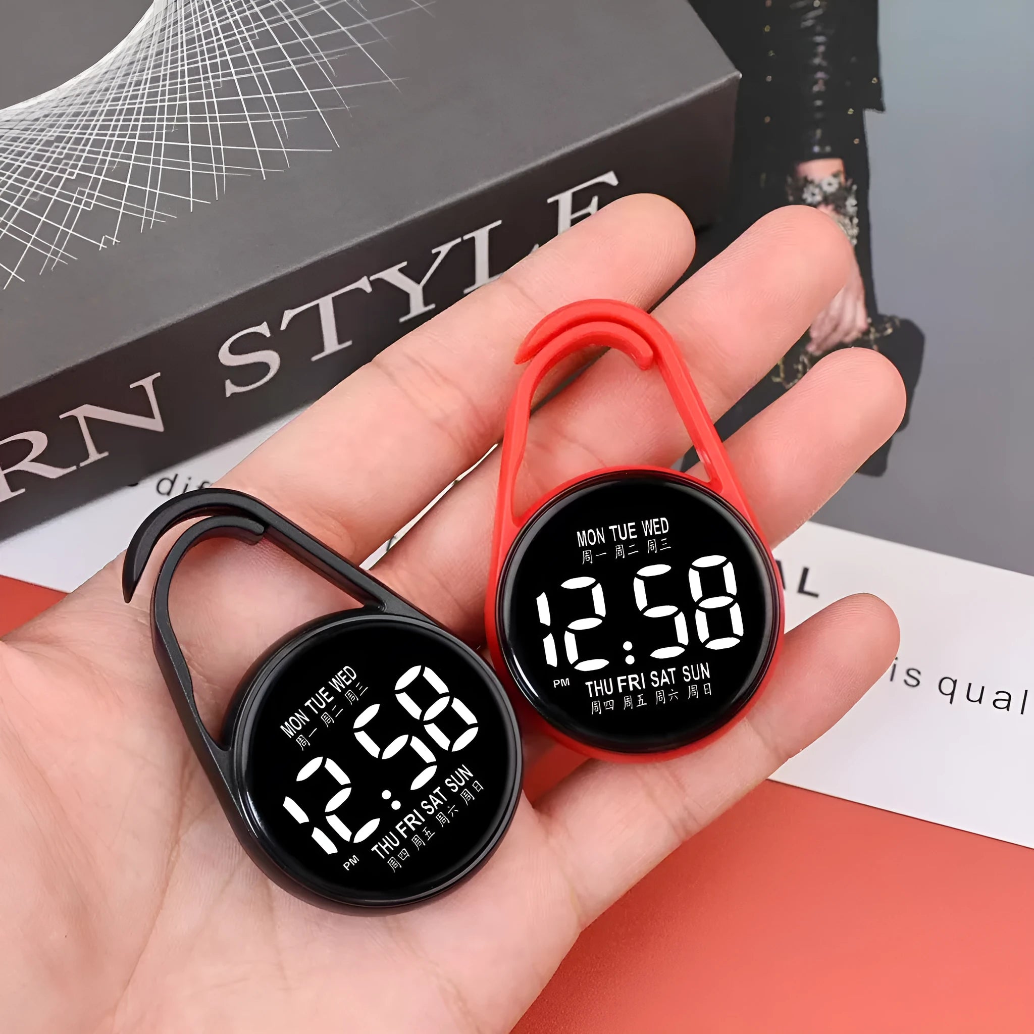 LED electronic watch with luminous week display in multiple colour options including black white pink green blue red grey