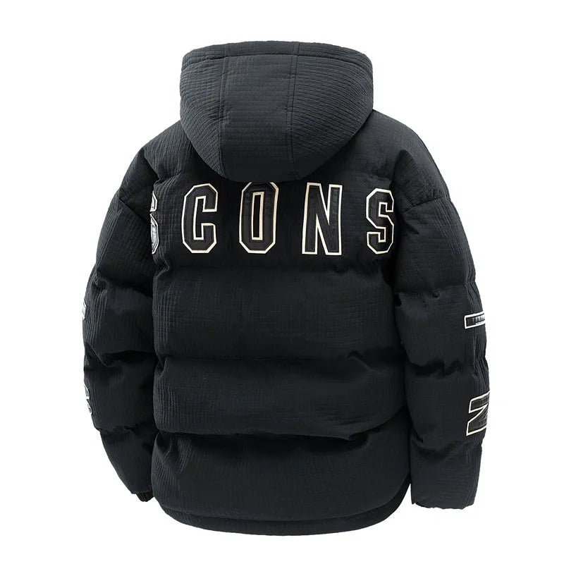 Men's black padded hooded coat with letter print design and side pockets in Korean style