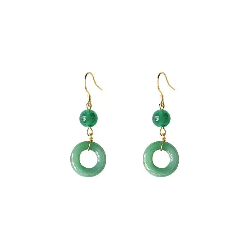 Green peace buckle geometric earrings with zinc alloy and 14K gold plating for Chinese style clothing