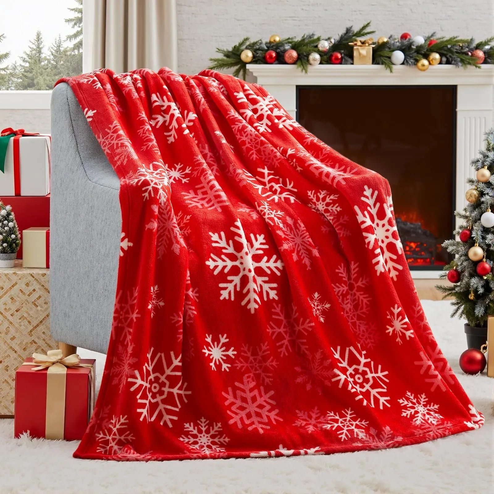 Soft flannel Christmas blanket in a plush fabric, shown in one of five available colours, draped over a sofa.
