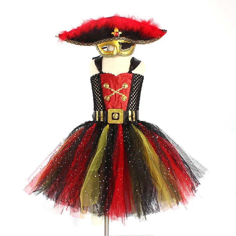 Girls pirates of the Caribbean Halloween costume dress with sequin gauze mesh lace details on pirate skirt