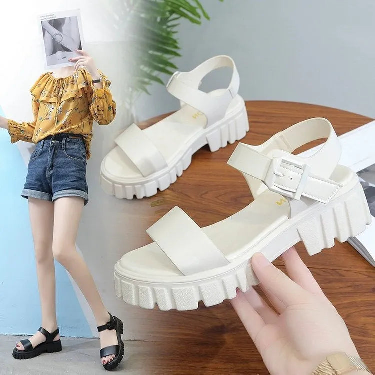 Women's beige platform sandals with peep toe and adjustable ankle-strap buckle closure
