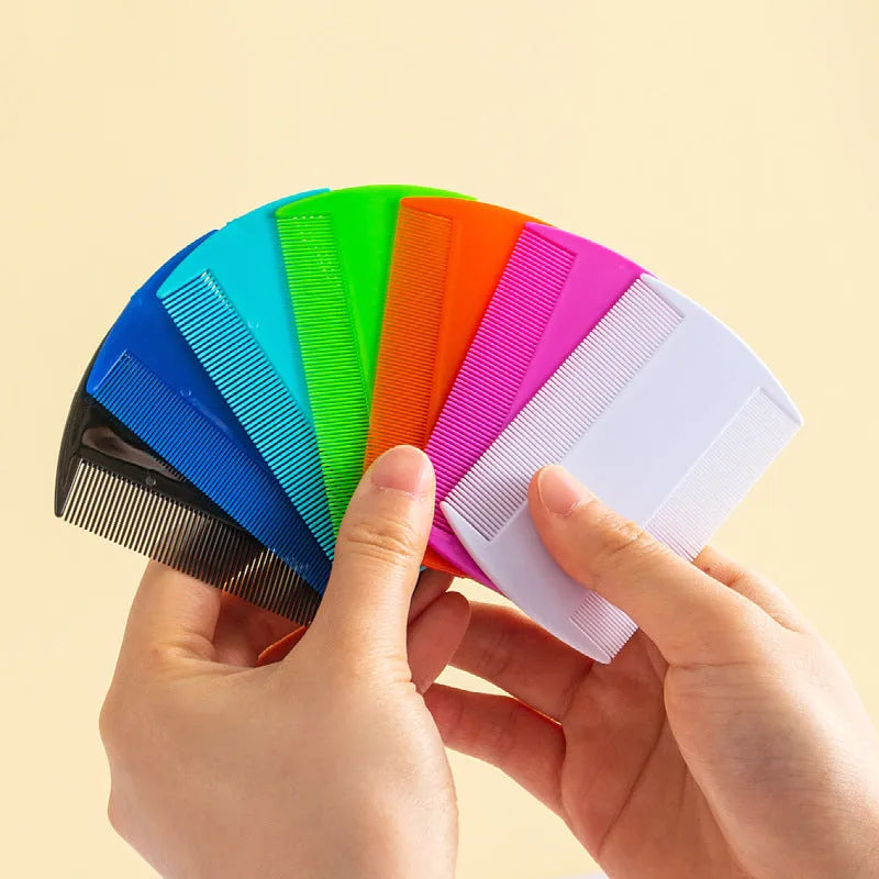 Plastic fine teeth double-edged lice comb in 8x7.5cm size showing colour options