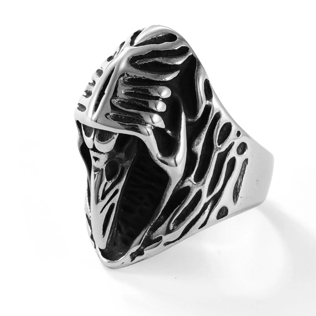 Geometric crow punk ring in titanium steel with MR166 colour on finger
