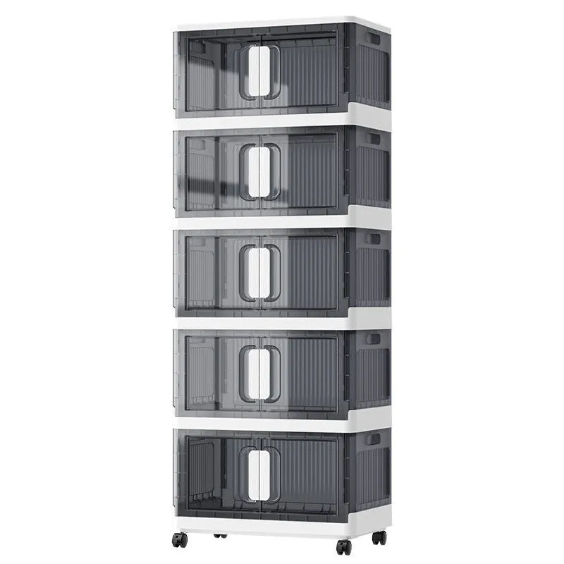 Foldable wheeled storage locker in white or grey with multiple layer options for household organisation