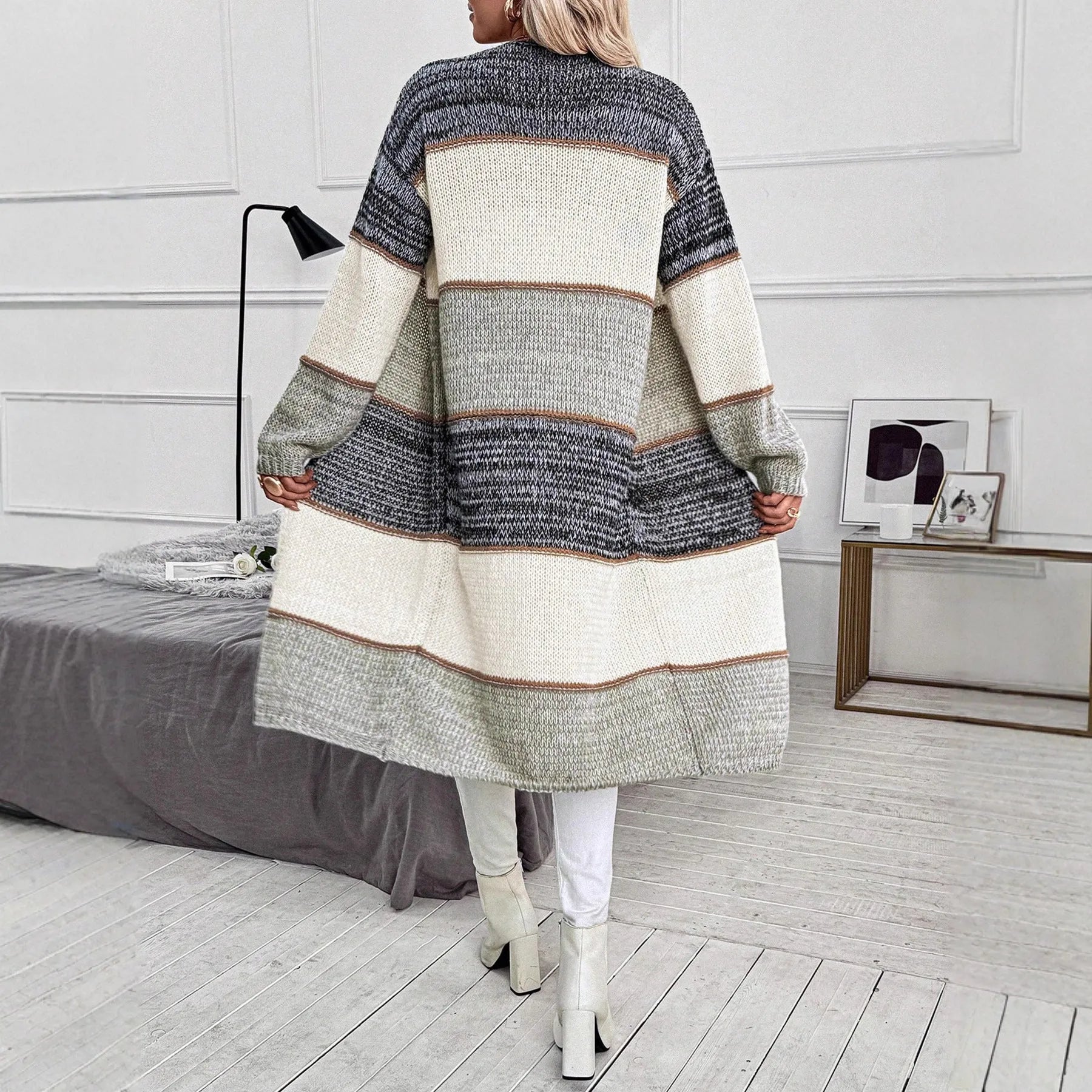 Grey striped knitted cardigan with long sleeves in loose European street fashion style