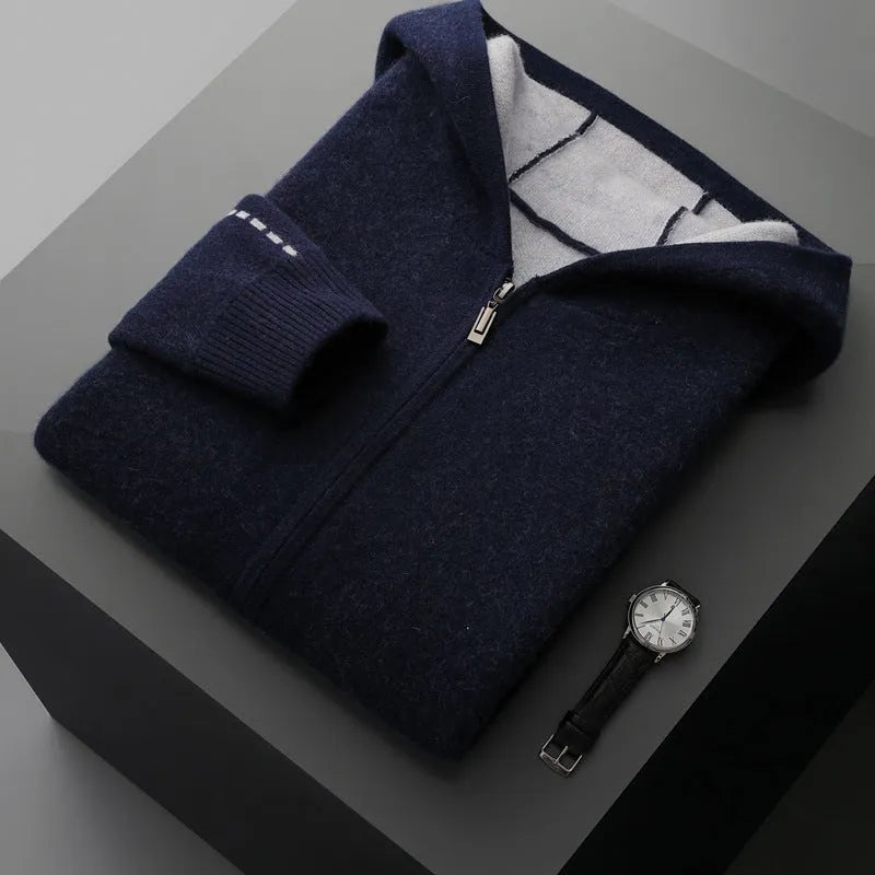 Man wearing a dark blue zip-front cashmere cardigan with a half-high collar and loose fit.