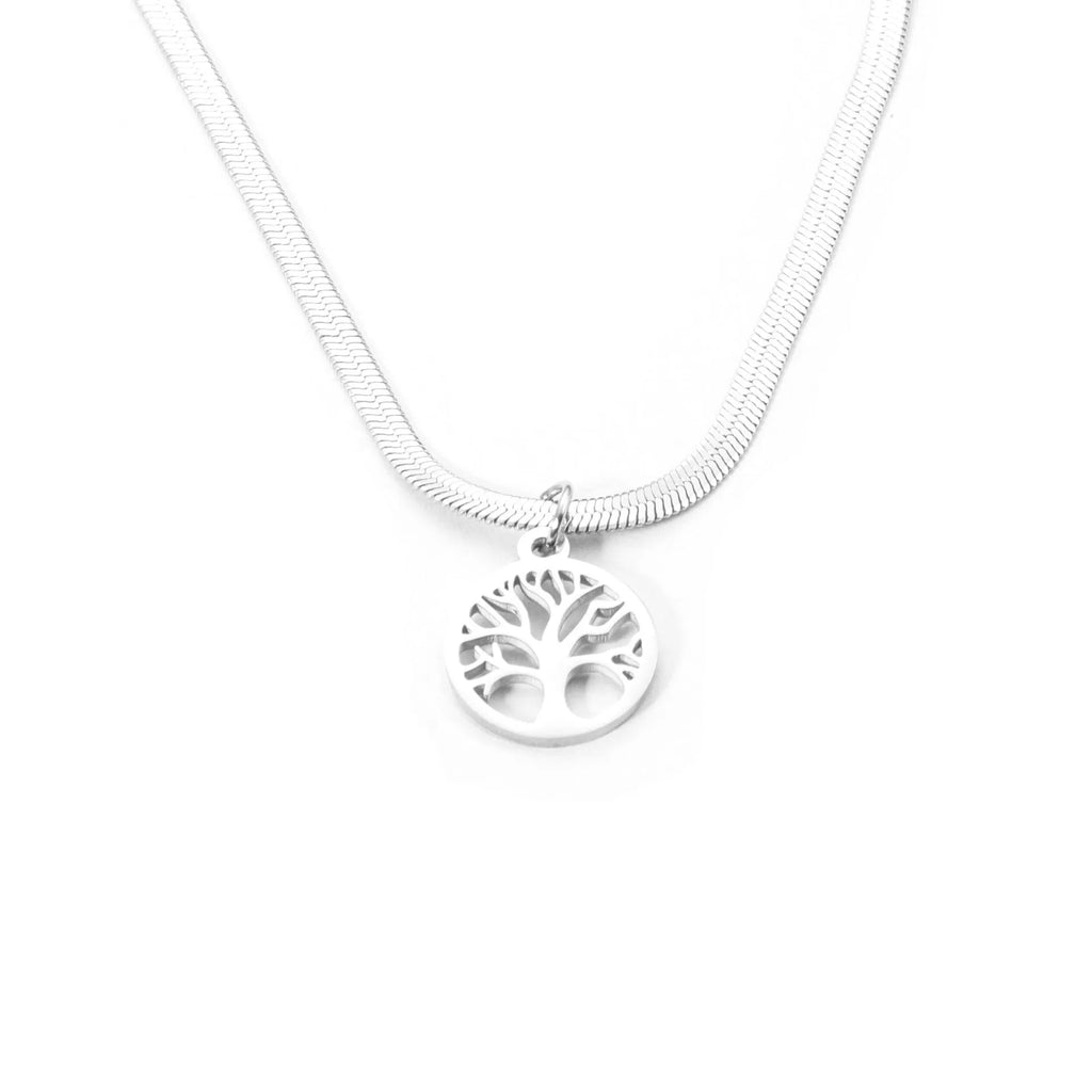 Stainless steel lucky tree necklace on snake bones chain, shown in gold and steel colour finishes.
